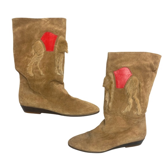 Vintage Andrea Pfister Suede Camel Boots Womens 8M Elephant Design Red Leather